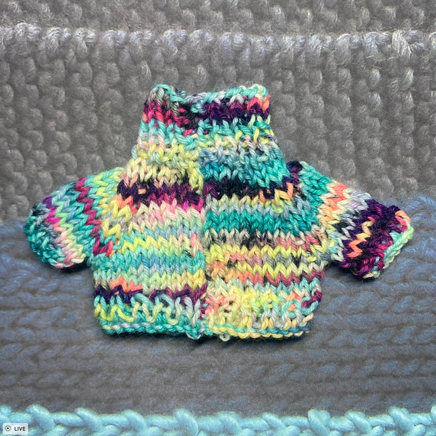 A view of the back of a multi-coloured knit sweater for a toy frog is shown, set against a background featuring grey, dark blue, and light blue. The sweater is brightly coloured with many different shades of yellows, oranges, purples, greens, blues, and pinks.