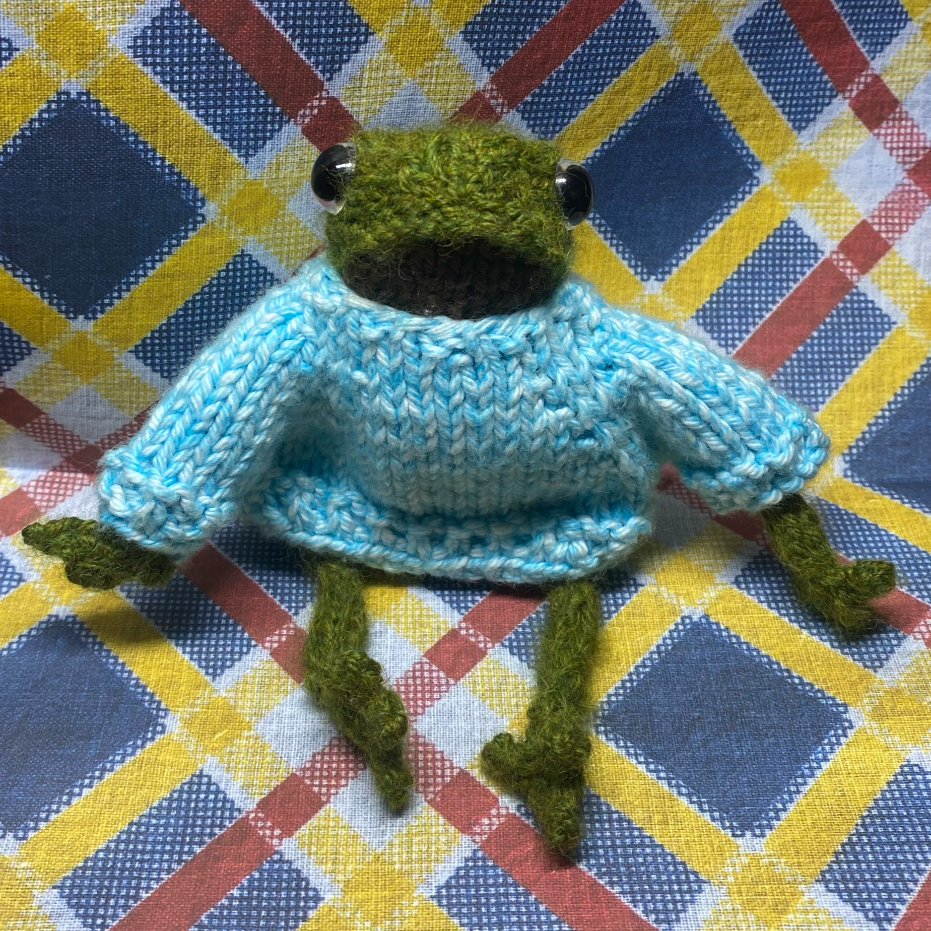 Trevor the green and brown knit frog sits on a plaid paper background, wearing a delightful blue sweater. The frog has large, round eyes and a friendly smile, and its arms hang down, emphasizing the coziness of the sweater. The sweater is light blue and features a detailed knit pattern.