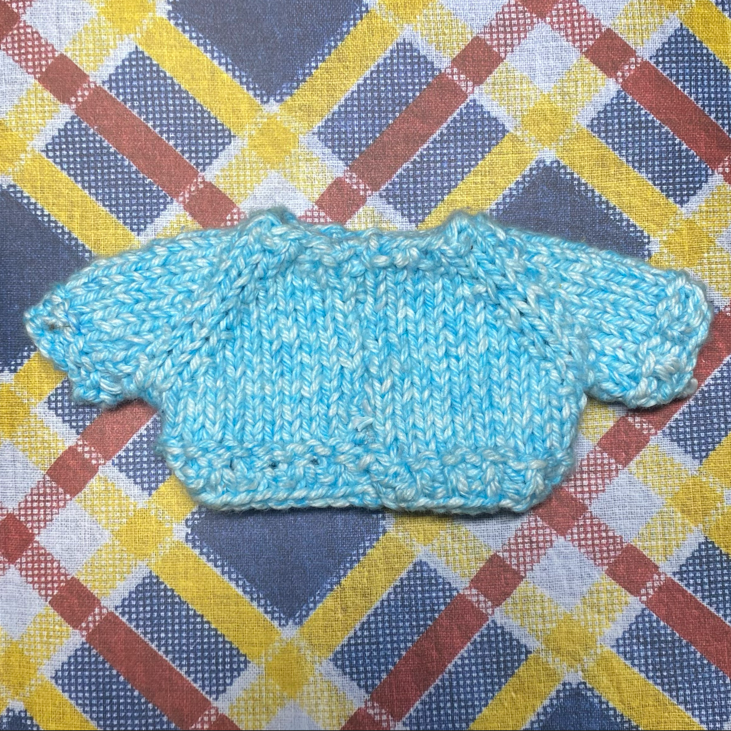 The back of a blue knit sweater for a toy frog is shown against a plaid background. The sweater has a simple and elegant design, with a beautiful light blue color that covers the entire back. The material used for the sweater is soft and lightweight, making it comfortable for the toy frog to wear. The sweater fits snuggly around the toy frog's body, ensuring it stays warm and cozy on chilly days.